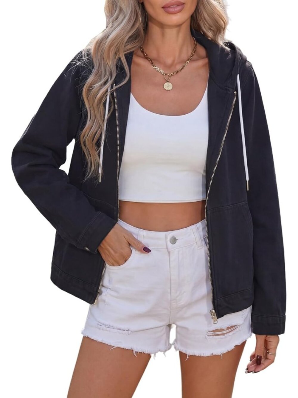 〽️Women's Black Long Sleeve Casual Zip Up Drawstring Boyfriend Hoodie Jean Coat